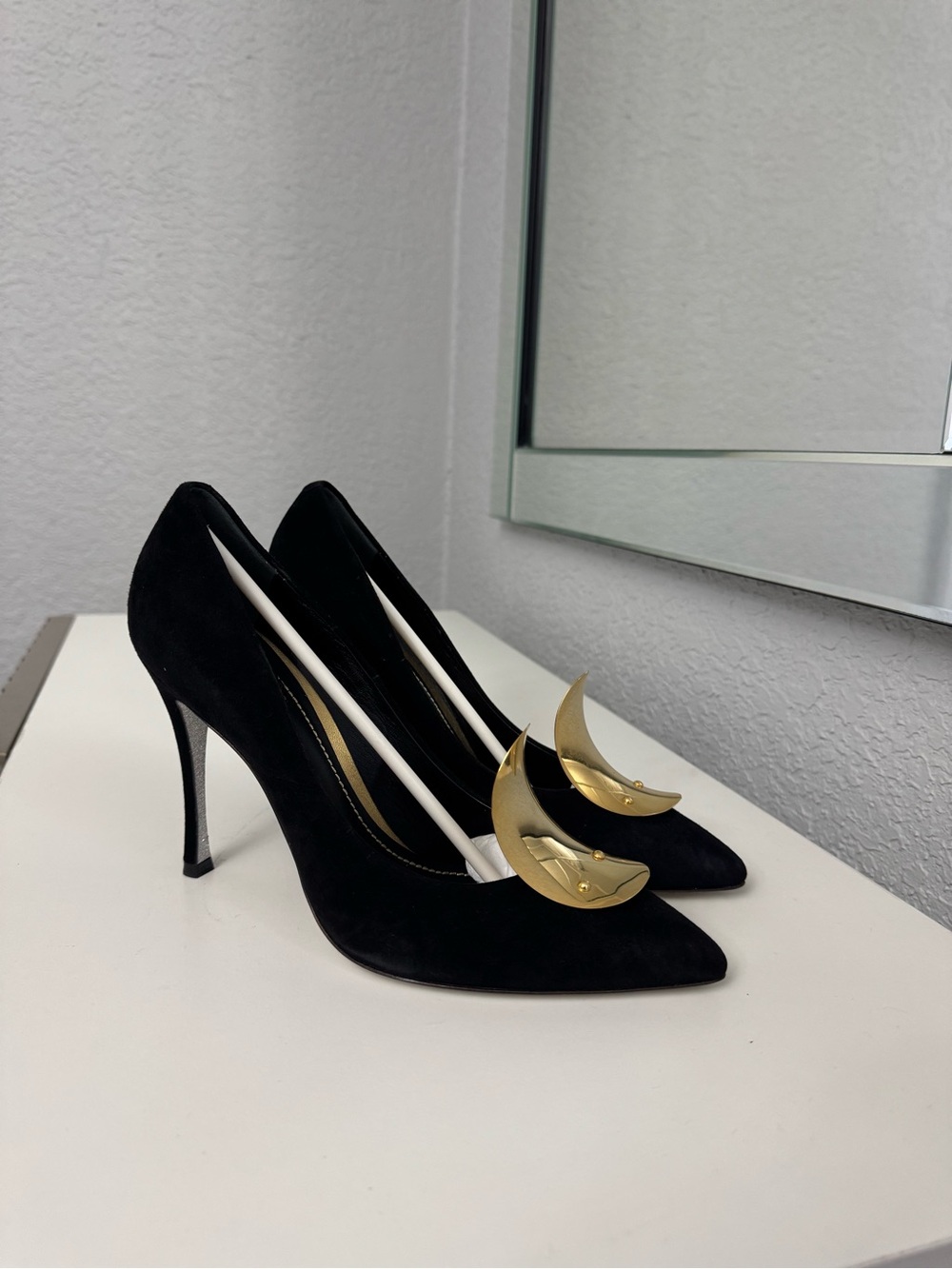 Rene Caovilla Black Suede PointedToe Heels Gold Crescent Detail Sparkling Sole